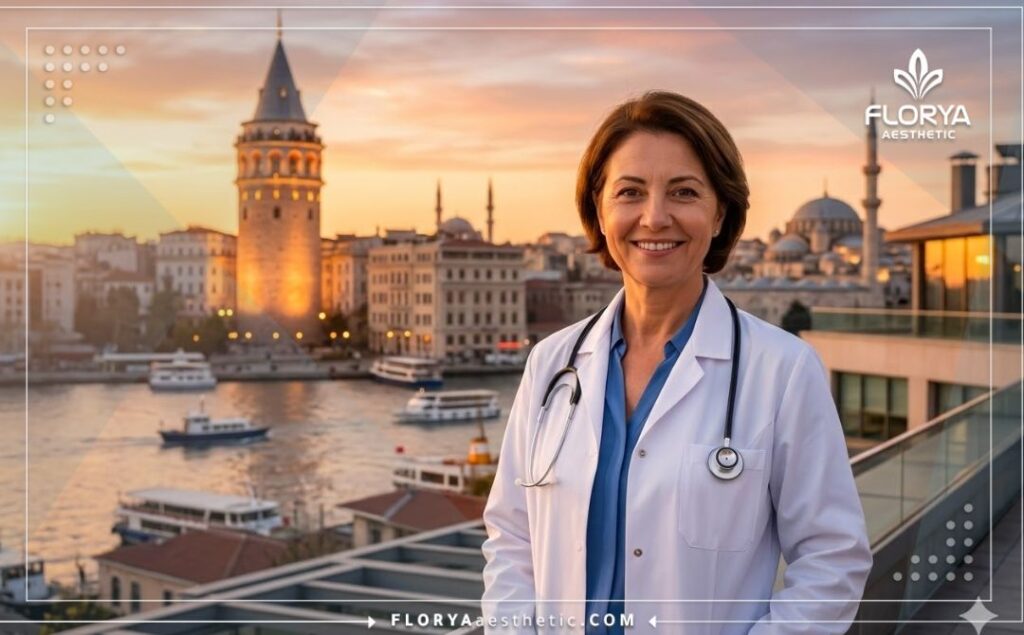 طبيب تجميل يبتسم ويرحب بالمرضى مع خلفية جسر البوسفور في اسطنبول.