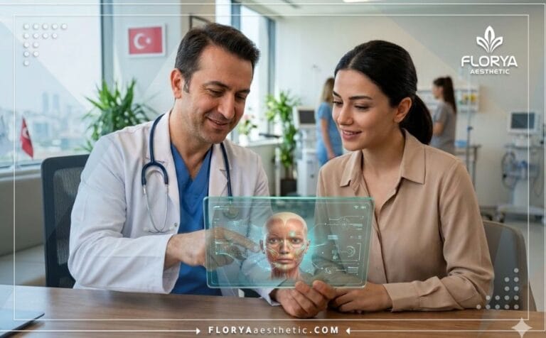 Professional doctor explaining Facial Surgery Risks in Turkey using an advanced tablet