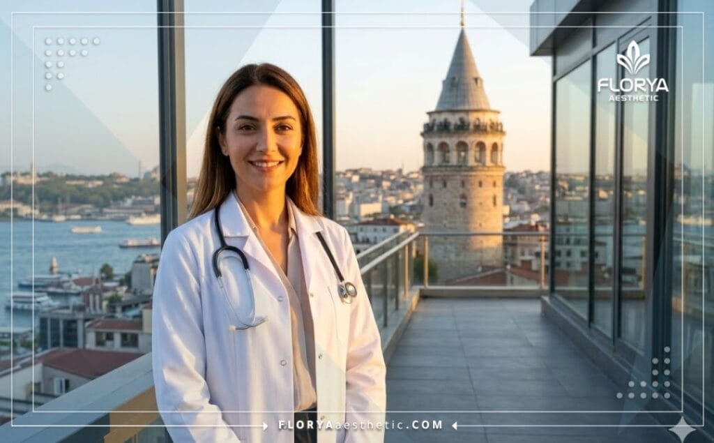 طبيب عيون يرحب بالمرضى مع خلفية مدينة اسطنبول