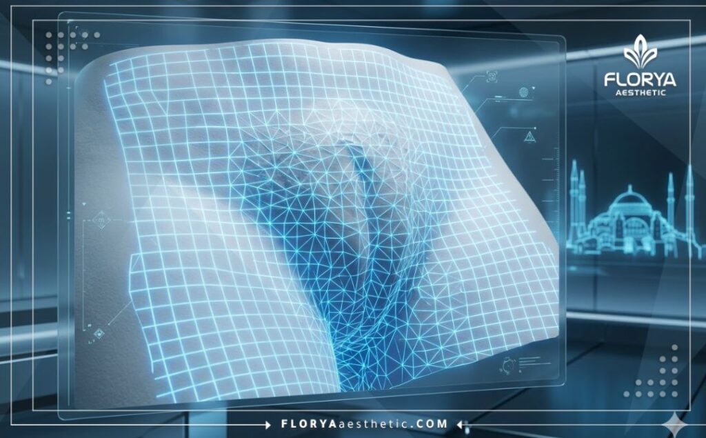 High-tech 3D topographical mesh scan for precision cosmetic gynecology planning and visualization.