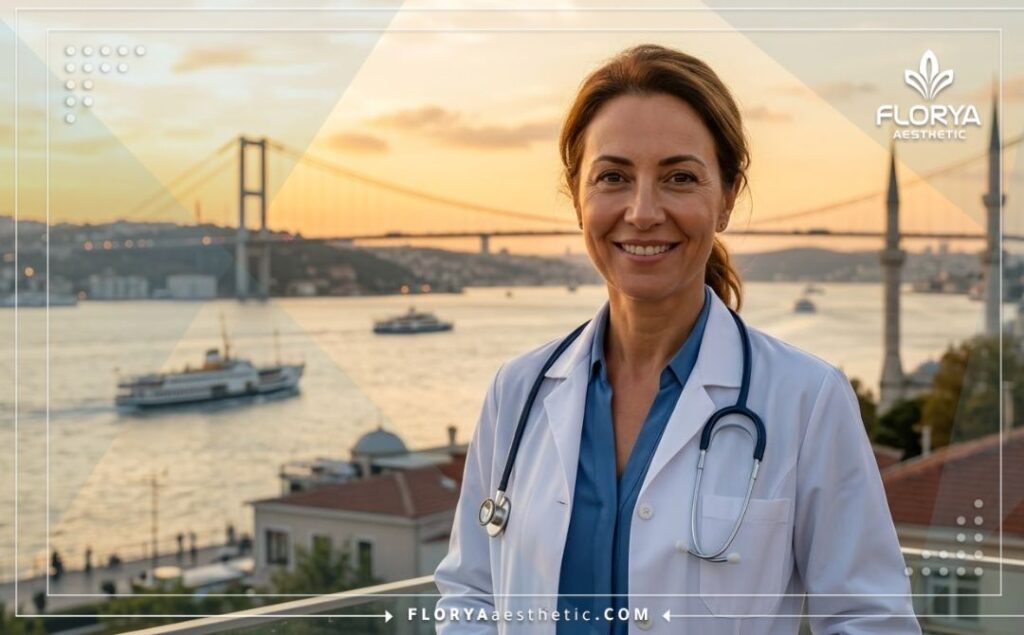 Friendly cosmetic gynecologist smiling welcomingly in front of the Bosphorus Bridge in Istanbul.