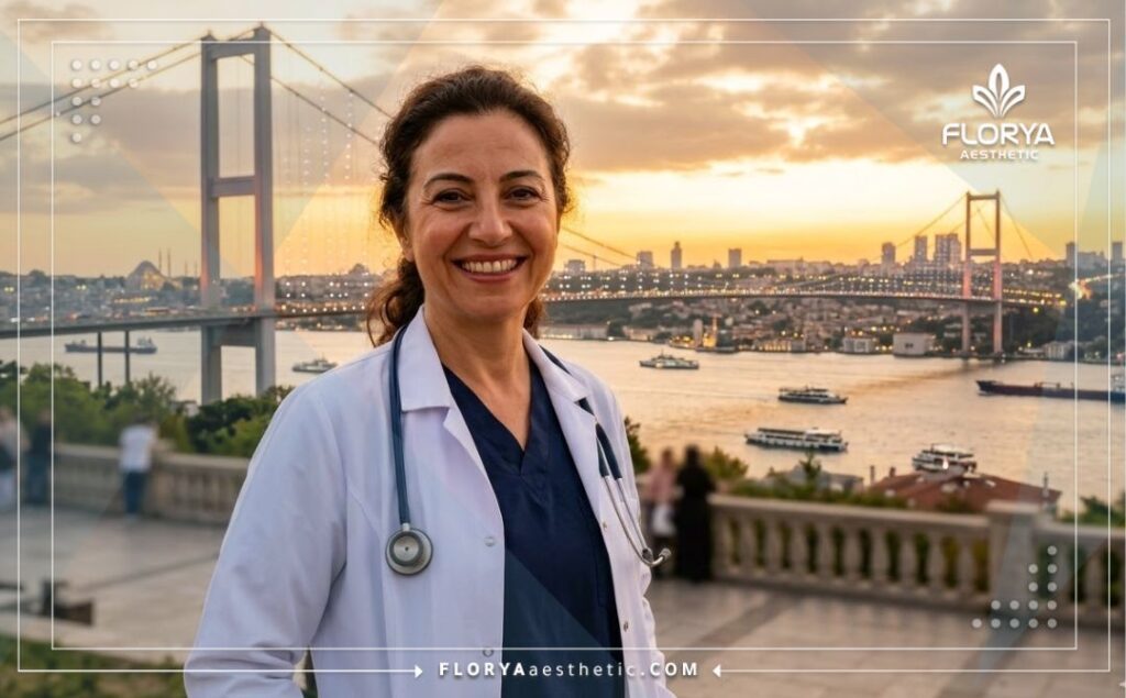 طبيب عيون يبتسم مع خلفية جسر البوسفور في اسطنبول