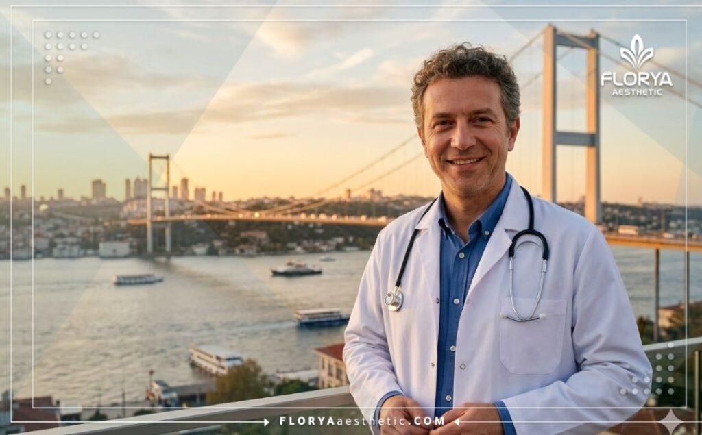 طبيب مسالك بولية يبتسم ويرحب بالمرضى مع خلفية لجسر البوسفور في اسطنبول