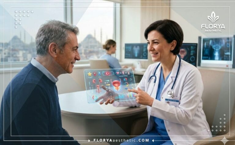 Le Meilleur Urologue en Turquie utilisant une tablette futuriste pour expliquer le traitement.