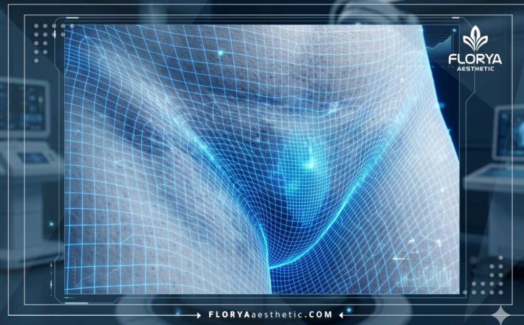 High-tech digital 3D skin surface scan showing precision targeting for melanin reduction.