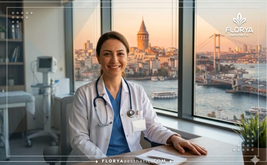 Doctor amable dando la bienvenida en Estambul al atardecer