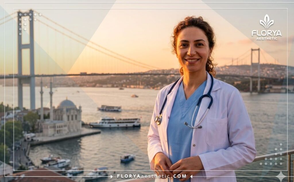 Médecin accueillant avec la tour de Galata à Istanbul en arrière-plan