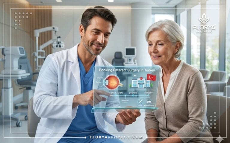 Professional doctor assisting a patient with Booking Cataract Surgery in Turkey on a transparent tablet