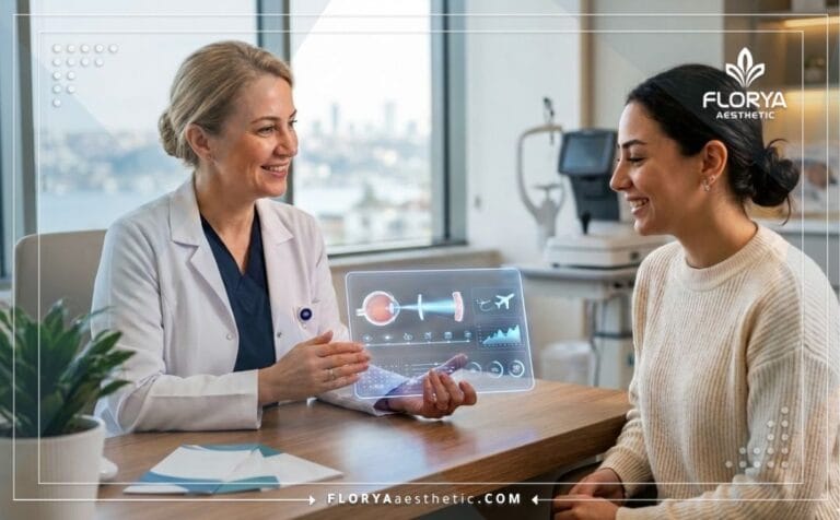 Professional doctor guiding a patient through Booking LASIK Surgery in Turkey on a digital tablet