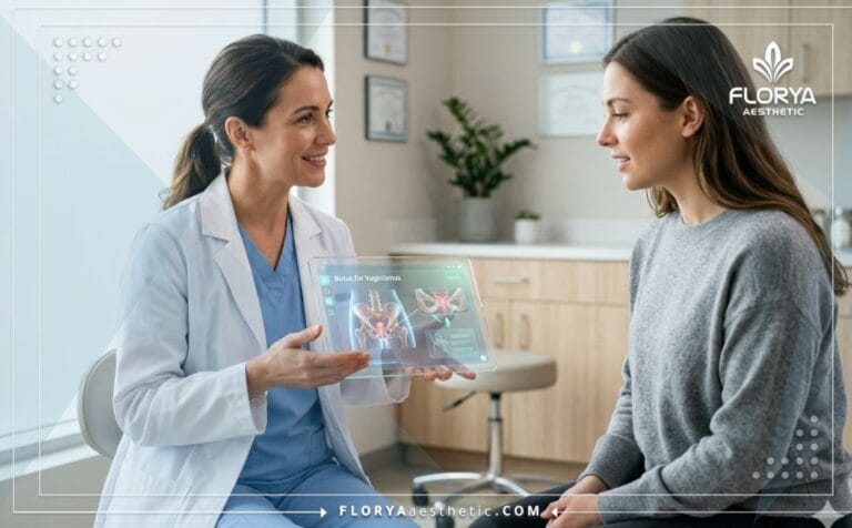 Doctor holding a transparent tablet explaining Botox for Vaginismus to a patient.