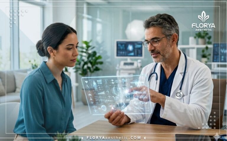 Doctor explaining Breast Augmentation Risks in Turkey using a digital tablet.