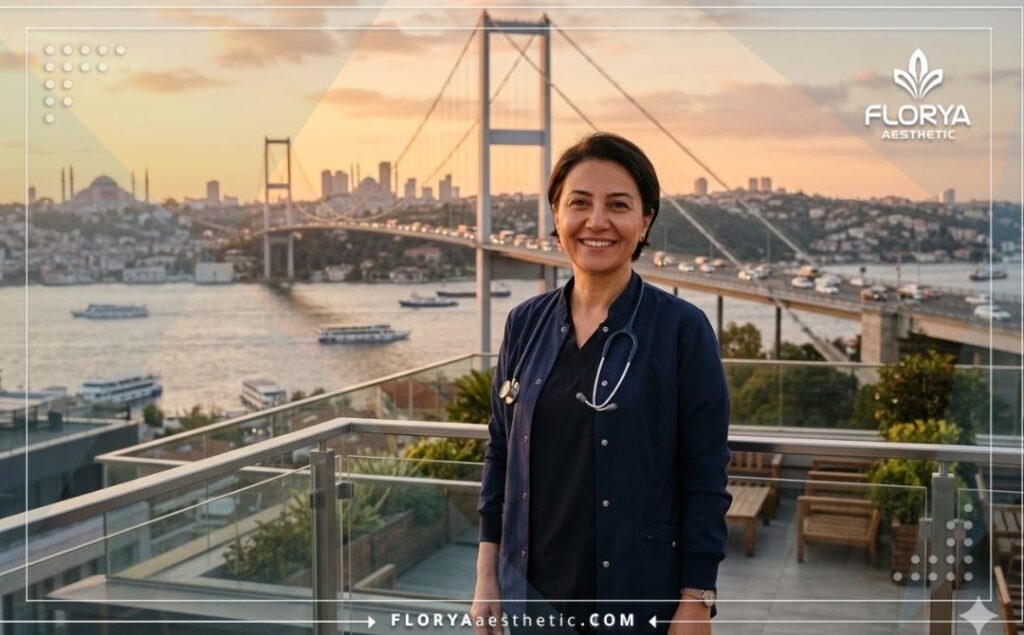 Приветливый хирург встречает пациентку в Стамбуле на фоне моста через Босфор