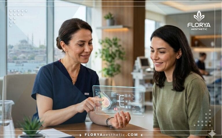 Professional doctor discussing a digital plan for Breast Surgery in Turkey with a patient