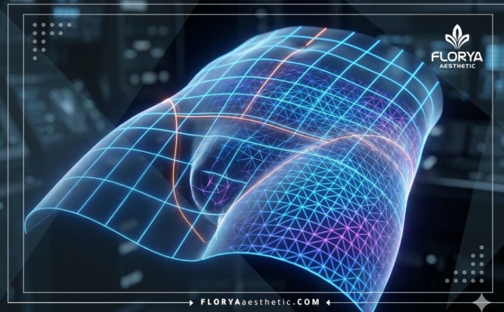 Futuristic 3D topographic scan illustrating precision placement for male enhancement fillers.