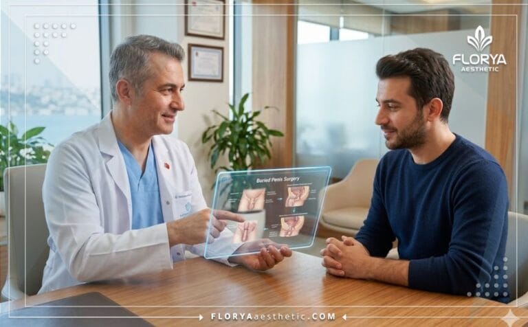 Médico profesional explicando el plan de la Cirugía de pene oculto en Turquía con una tableta digital.