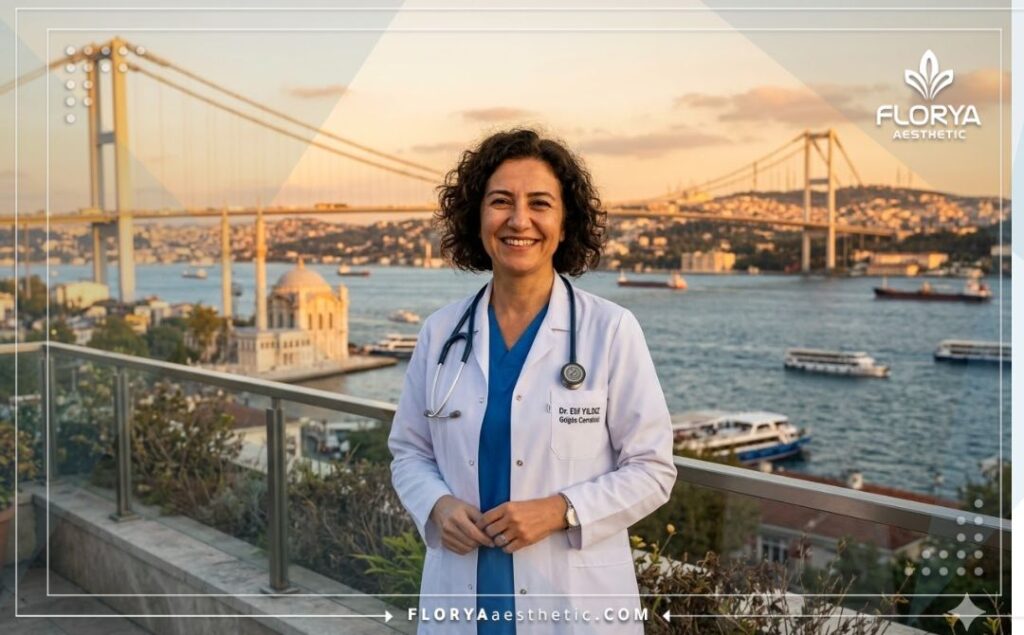 Médecin accueillant souriant avec la ville d'Istanbul en arrière-plan.