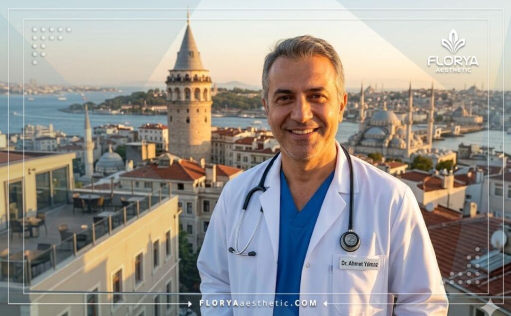Médico oftalmólogo dando la bienvenida a los pacientes en Estambul al atardecer