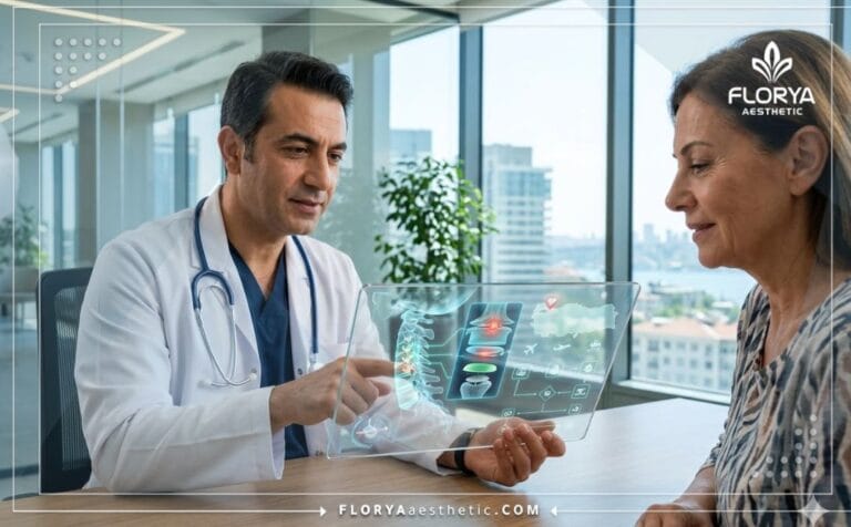 Doctor explaining Cervical Disc Surgery in Turkey using smart tech