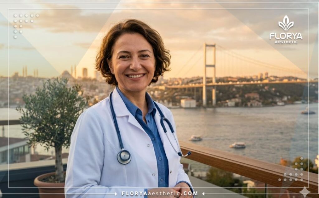 Приветливый офтальмолог в Стамбуле на фоне живописного Босфорского моста.