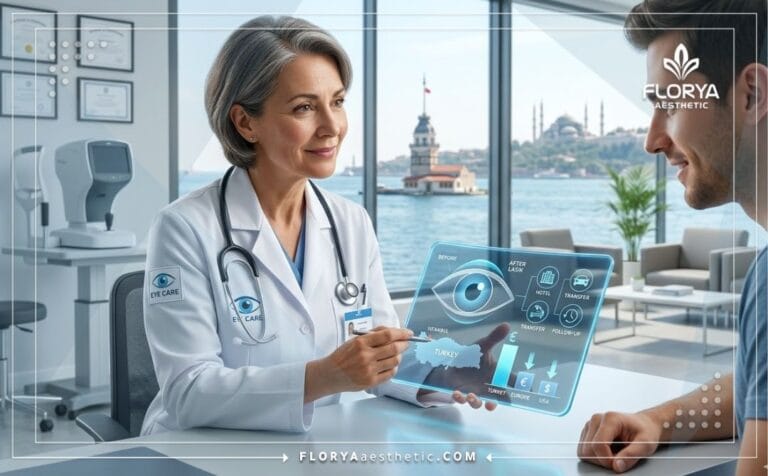 Professional doctor discussing the Cheapest LASIK in Turkey using futuristic digital tech