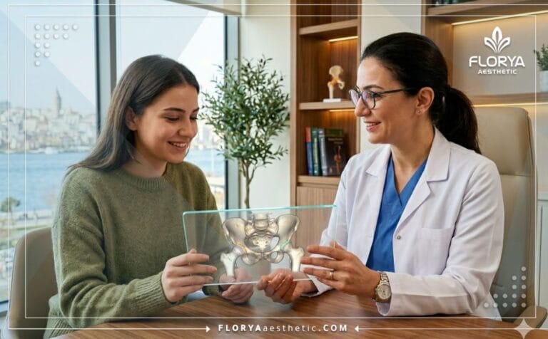 : Médecin expliquant la Chirurgie de la Dysplasie de la Hanche en Turquie sur tablette.