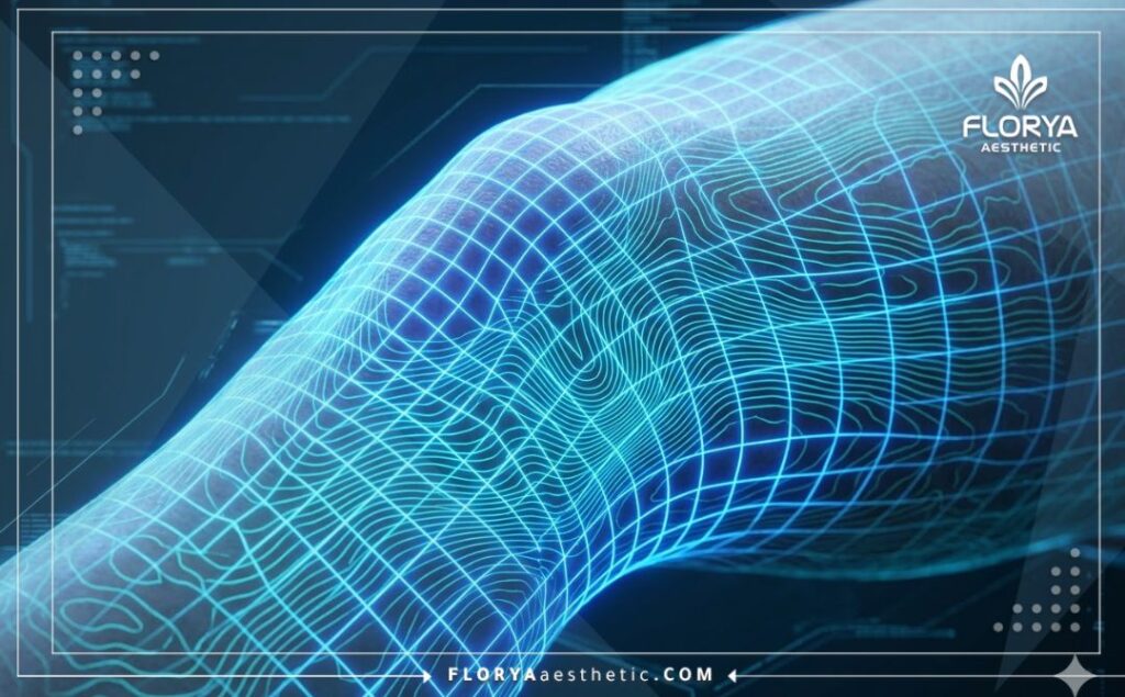 تصوير ثلاثي الأبعاد دقيق لمنطقة المفاصل والعظام يوضح موقع الحقن المستهدف بدقة طبية.