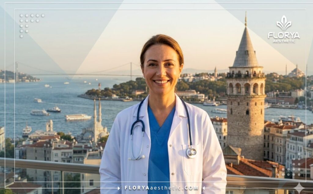 طبيب عظام ودود يرحب بالمرضى مع إطلالة جميلة على معالم اسطنبول.