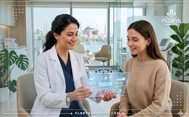 Professional doctor planning a Female Aesthetic Medical Trip in Turkey using advanced digital tablet technology.