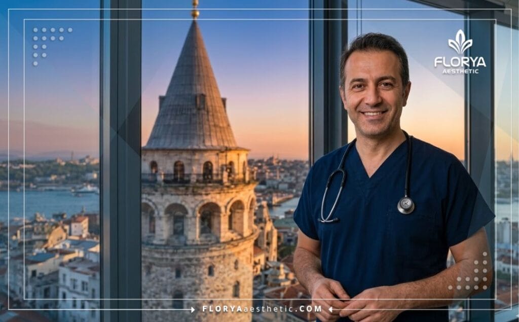 Doctor amable dando la bienvenida en Estambul con el Bósforo de fondo