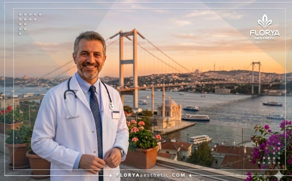 Приветливый врач на фоне моста через Босфор в Стамбуле