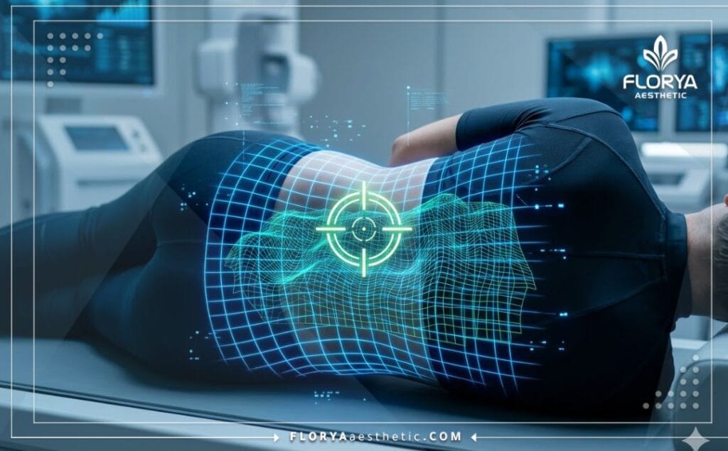 مسح ضوئي ثلاثي الأبعاد يوضح منطقة العمود الفقري والديسك بدقة عالية.