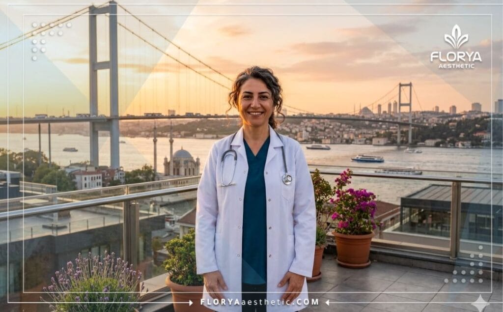 طبيب يبتسم ويرحب بالمرضى مع خلفية جسر البوسفور في إسطنبول.
