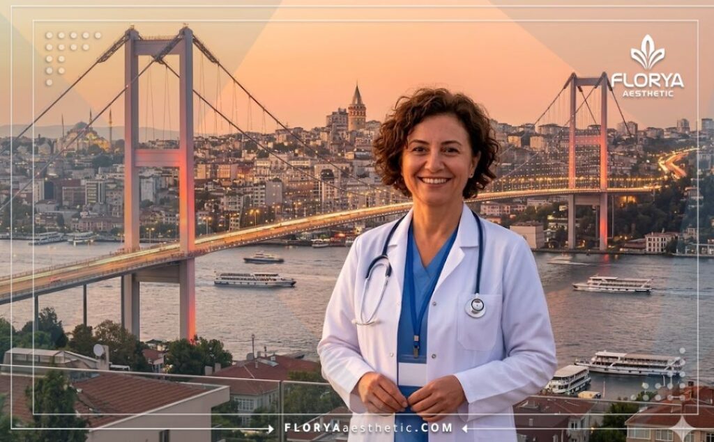 Oftalmólogo sonriente dando la bienvenida a los pacientes con el paisaje de Estambul detrás