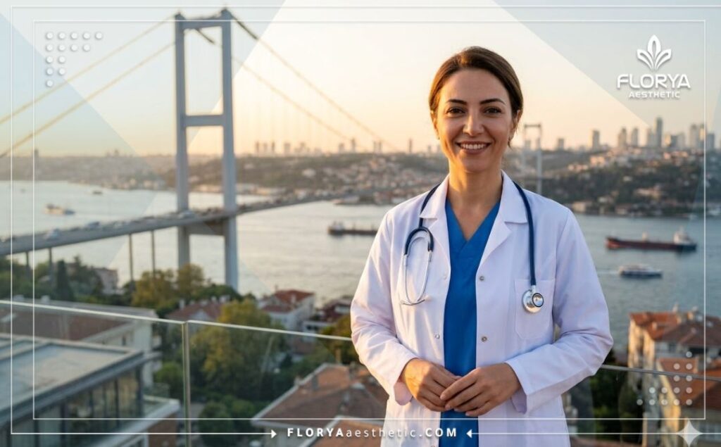Chirurgien accueillant à Istanbul devant la tour de Galata.