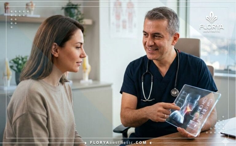 Doctor explaining Double Chin Surgery Risks in Turkey using digital tech