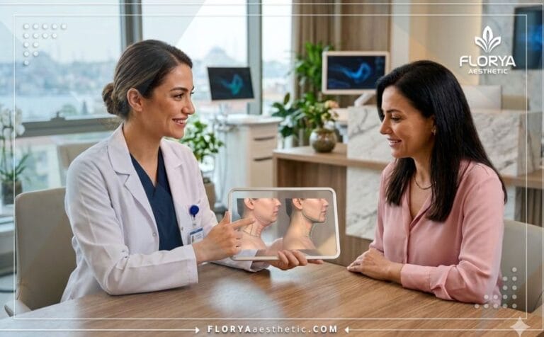 Professional doctor explaining Double Chin Surgery in Turkey using a transparent digital tablet
