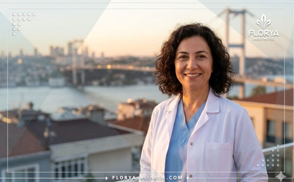 Chirurgien souriant accueillant les patients avec un célèbre monument d'Istanbul en arrière-plan.