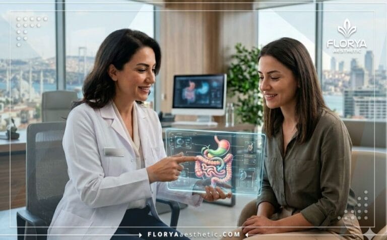 Médico profesional mostrando el plan digital del Cruce Duodenal en Turquía a un paciente.