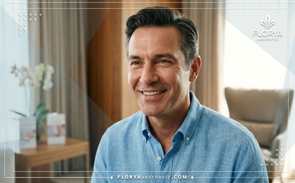 مريض واثق وسعيد يبرز النتائج المثالية للتعافي والصحة العامة.