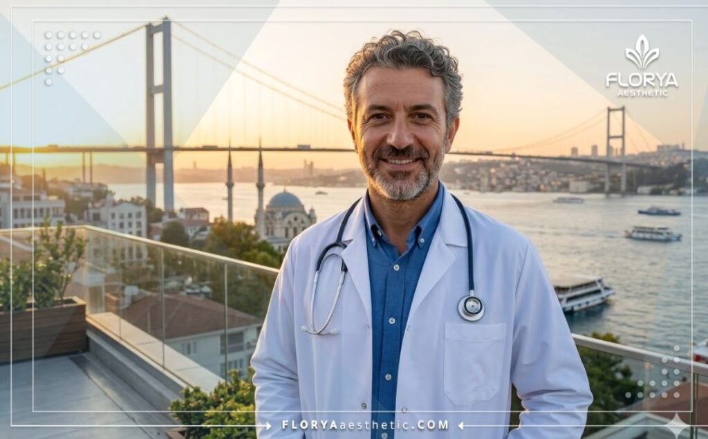 طبيب ودود يرحب بالمرضى في اسطنبول مع خلفية لجسر البوسفور.