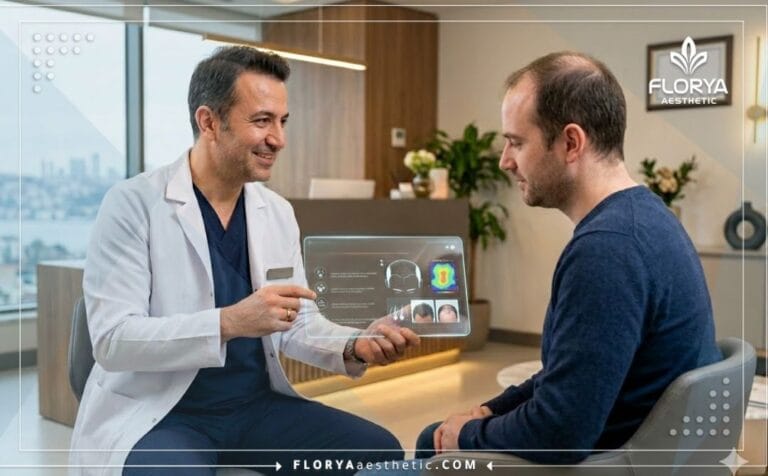 Médecin expert expliquant les Avantages de la greffe de cheveux FUE en Turquie sur une tablette numérique.
