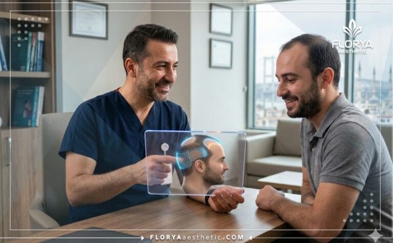 Un médecin explique la Greffe de Cheveux FUE en Turquie sur une tablette numérique.