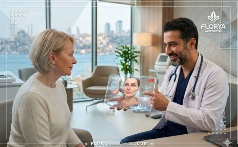 Médico profesional explicando los Beneficios del lifting facial y cervical en Turquía con tecnología digital avanzada.