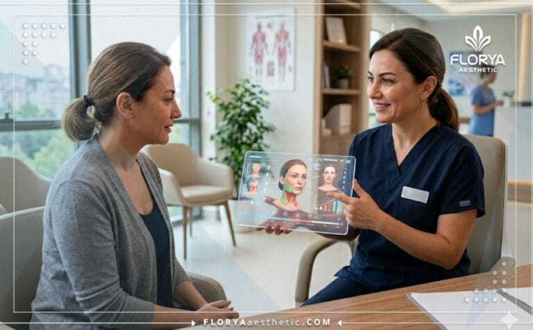 Professional doctor explaining Face and Neck Lift Risks in Turkey using an advanced transparent tablet.