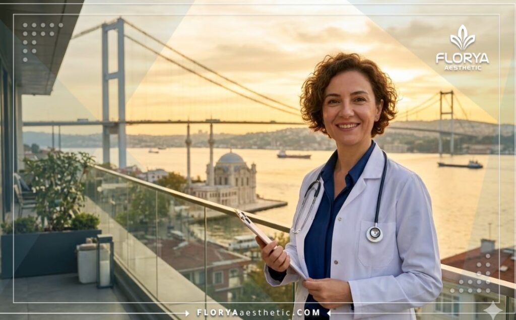 طبيب ودود يرحب بمرضى التجميل في اسطنبول مع خلفية جذابة لجسر البوسفور.