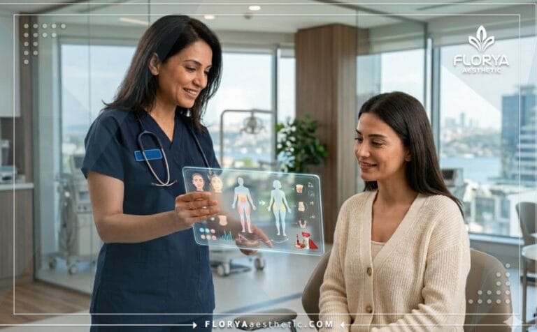 Doctor explaining Fat Transfer Benefits in Turkey using a transparent tablet