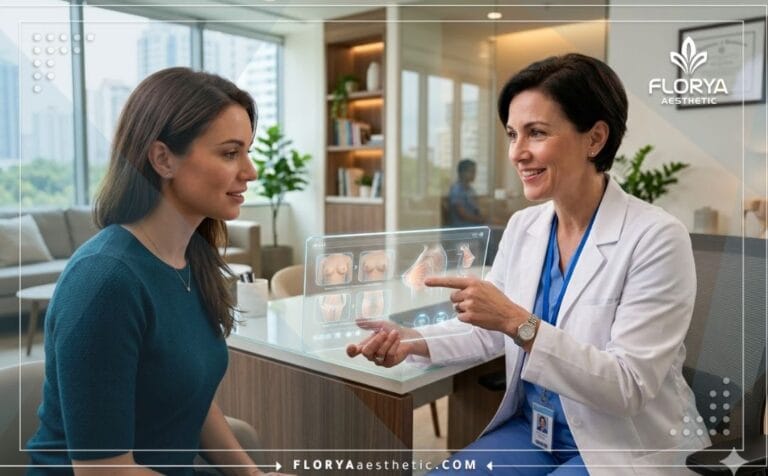 Doctor explaining Fat Transfer Breast Augmentation Benefits using digital tech