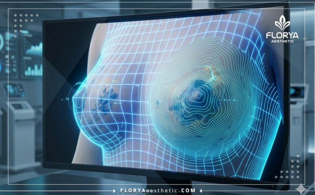 High-tech 3D digital scan focusing on the breast anatomy for precise surgical planning.