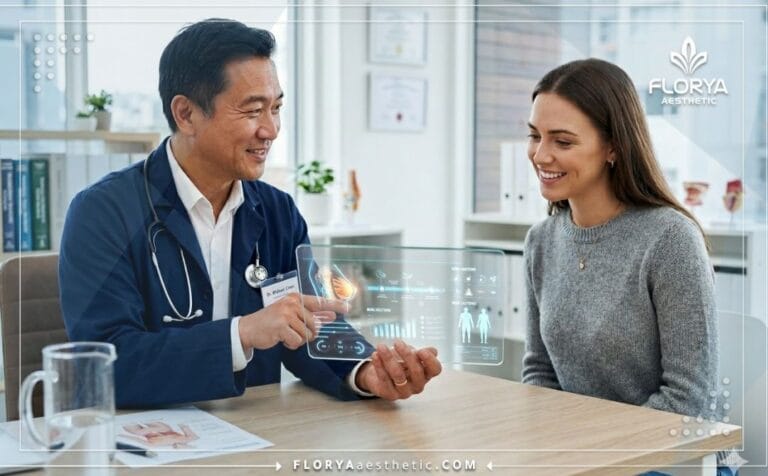Professional doctor discussing Fat Transfer Breast Augmentation Risks with a patient using advanced digital technology.