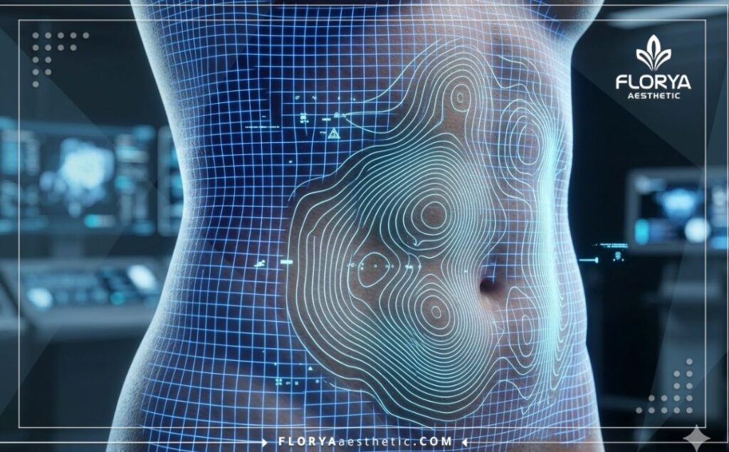 Макроснимок 3D-поверхности, показывающий зоны подтяжки кожи и контуры тела.